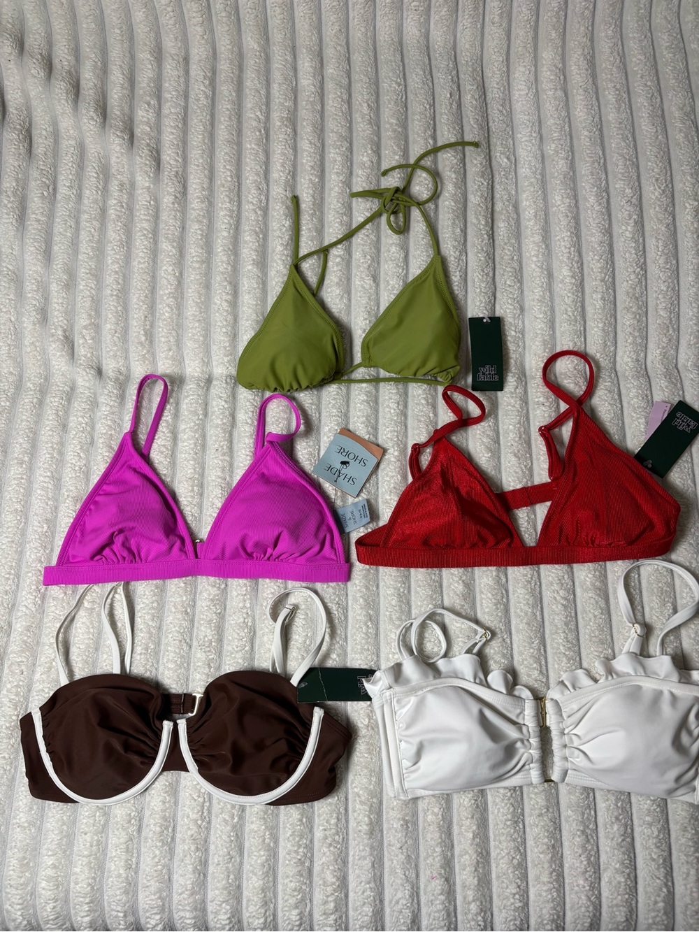 Lot of  5 Triangle & Bandeau Bikini Tops - Olive, Fuchsia, Red, Brown, White